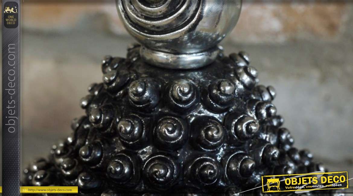 Statuette tête de bouddha argenté sur socle en métal noir 54 cm