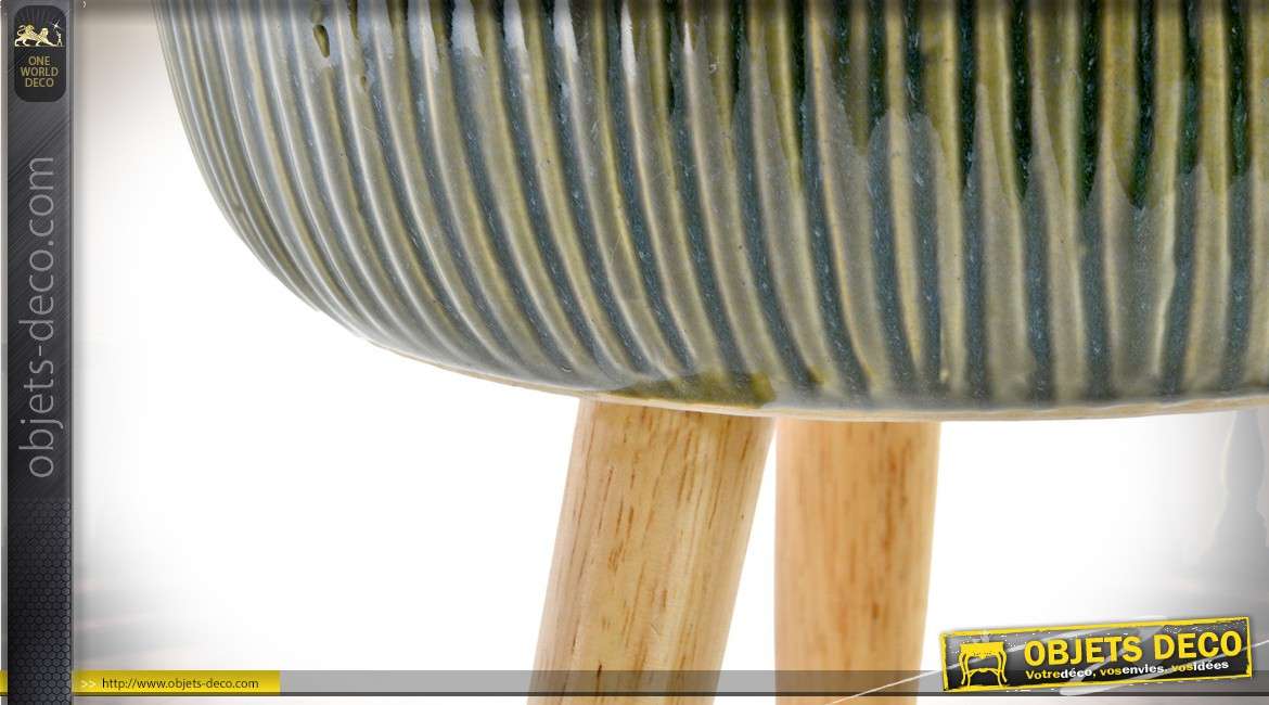Jardinière ronde pot en grès à rayures sur pieds en bois naturel 29 cm
