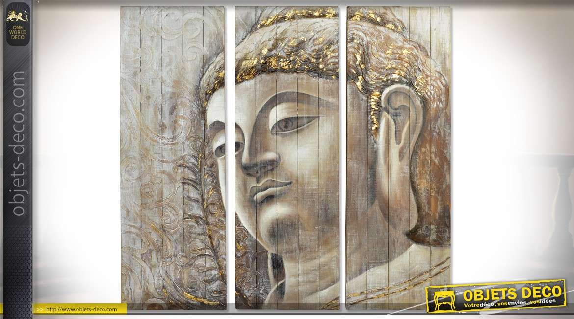 Grand tableau en triptyque 150x150 tête de bouddha peinte à la main sur bois