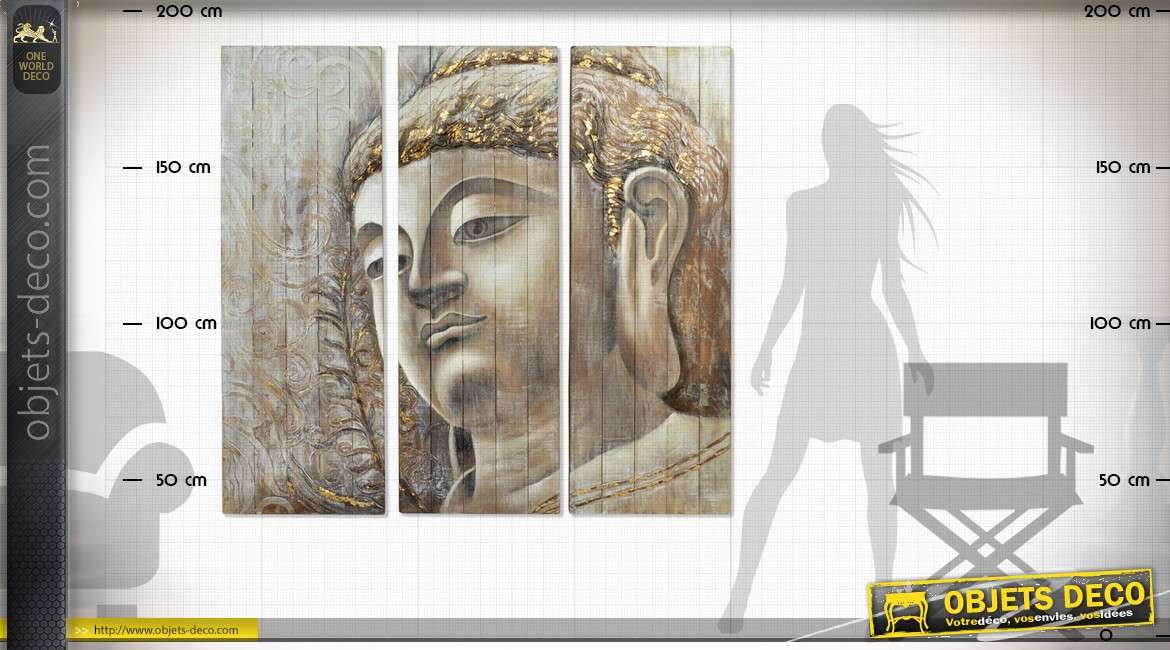 Grand tableau en triptyque 150x150 tête de bouddha peinte à la main sur bois