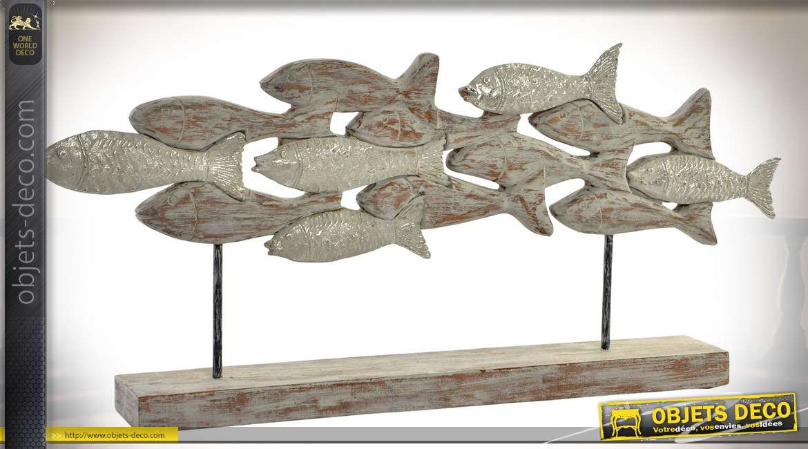 Sculpture banc de poissons sur socle en manguier veilli et métal 67 cm