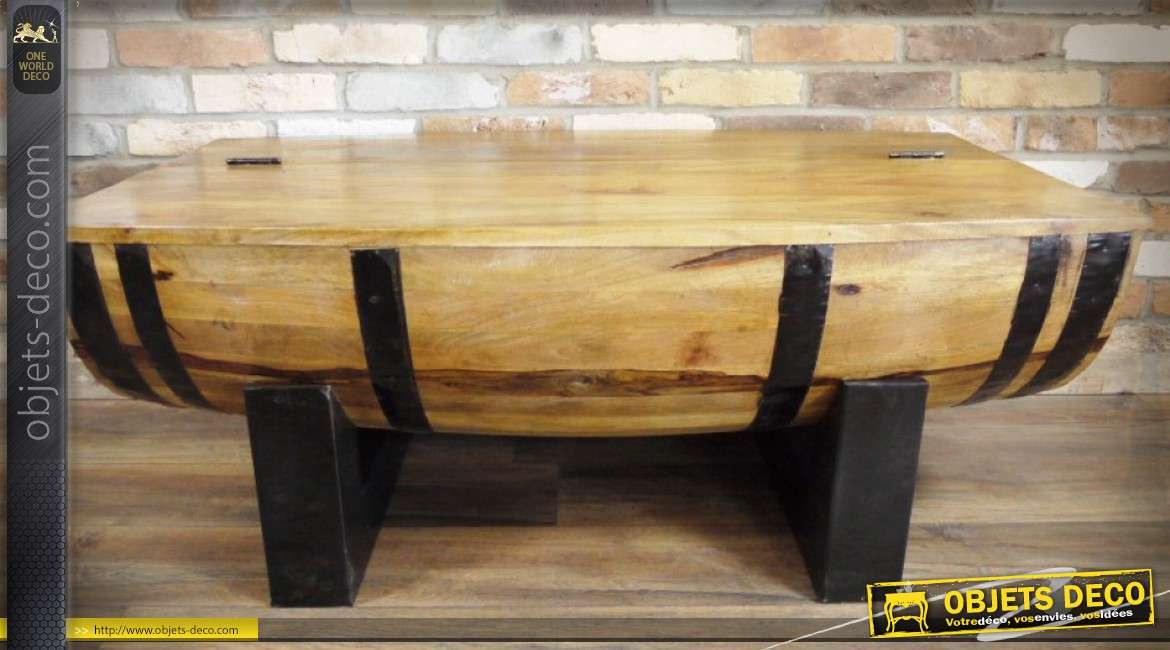 Table basse en acacia massif et métal forme demi-tonneau avec coffre 120 cm