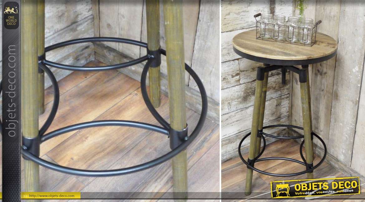 Table bar ronde en bois et métal avec plateau réglable en hauteur 119 cm