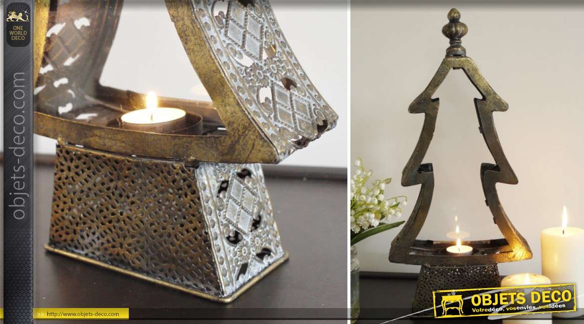 Lanterne en métal et verre en forme de sapin patine dorée vieillie 44 cm