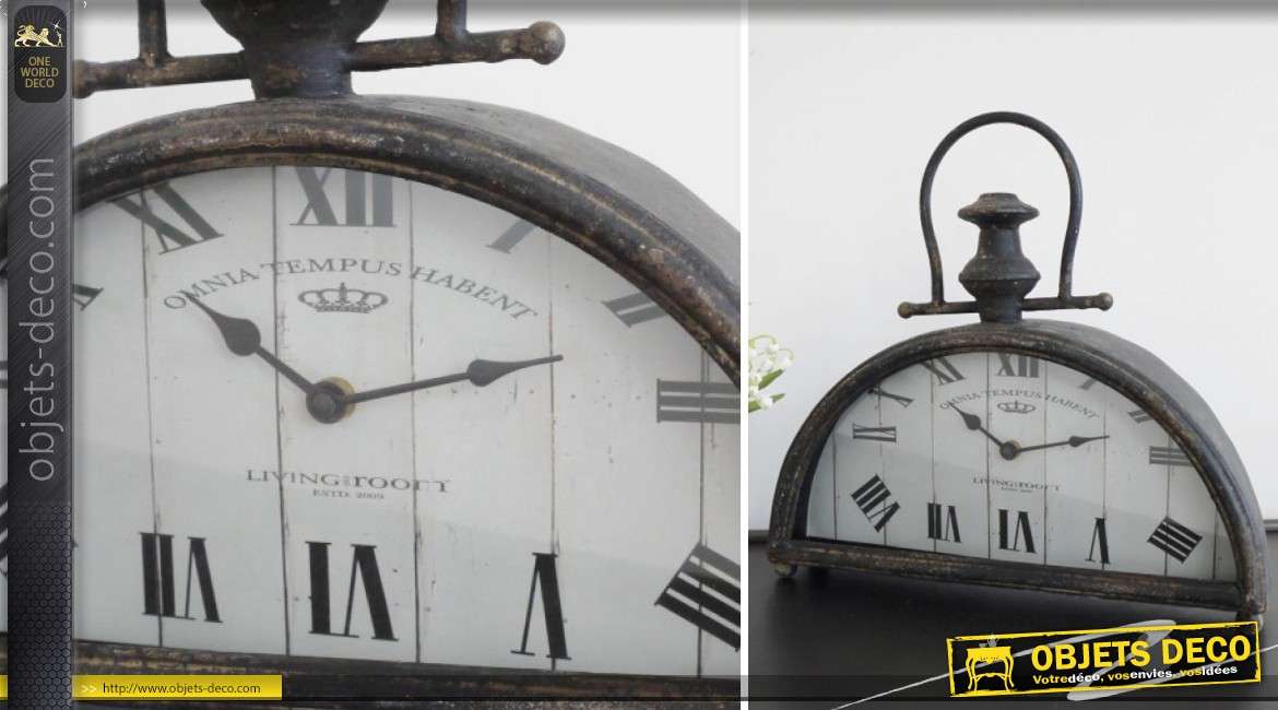 Horloge à poser en demi-lune style antiquité en bois et métal vieilli 36 cm