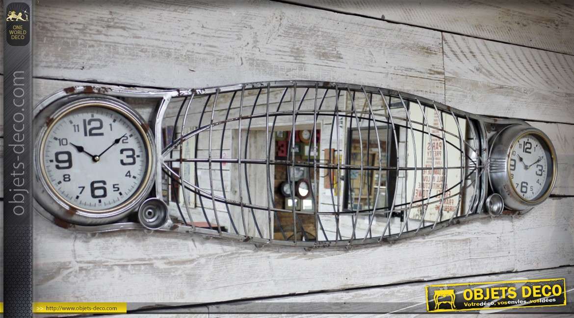 Miroir mural rétro et indus en forme d'ancienne calandre avec 2 horloges 145 cm