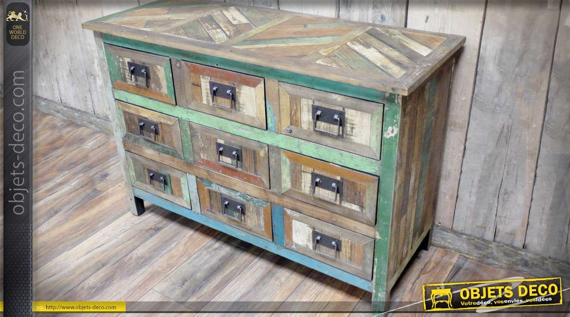 Commode rétro à 9 tiroirs en bois recyclé marqueté style atelier d'autrefois