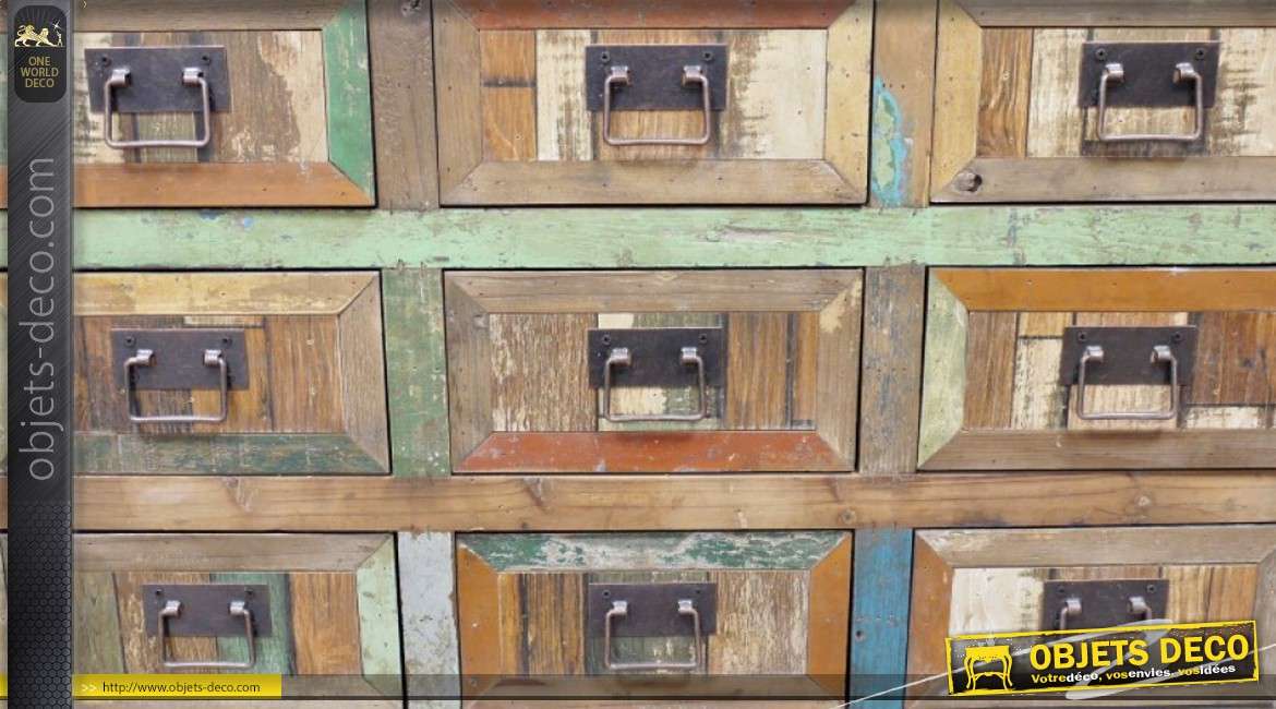 Commode rétro à 9 tiroirs en bois recyclé marqueté style atelier d'autrefois