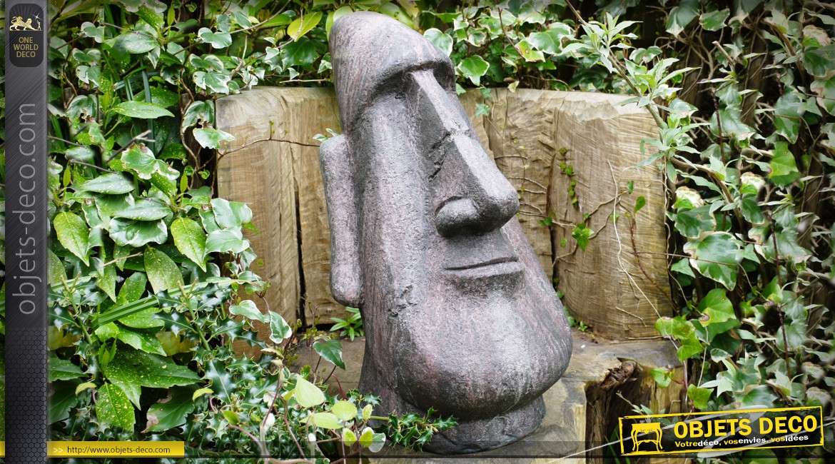 Statue tête Moaï géant de l'île de Pâque en pierre reconstituée 63 cm