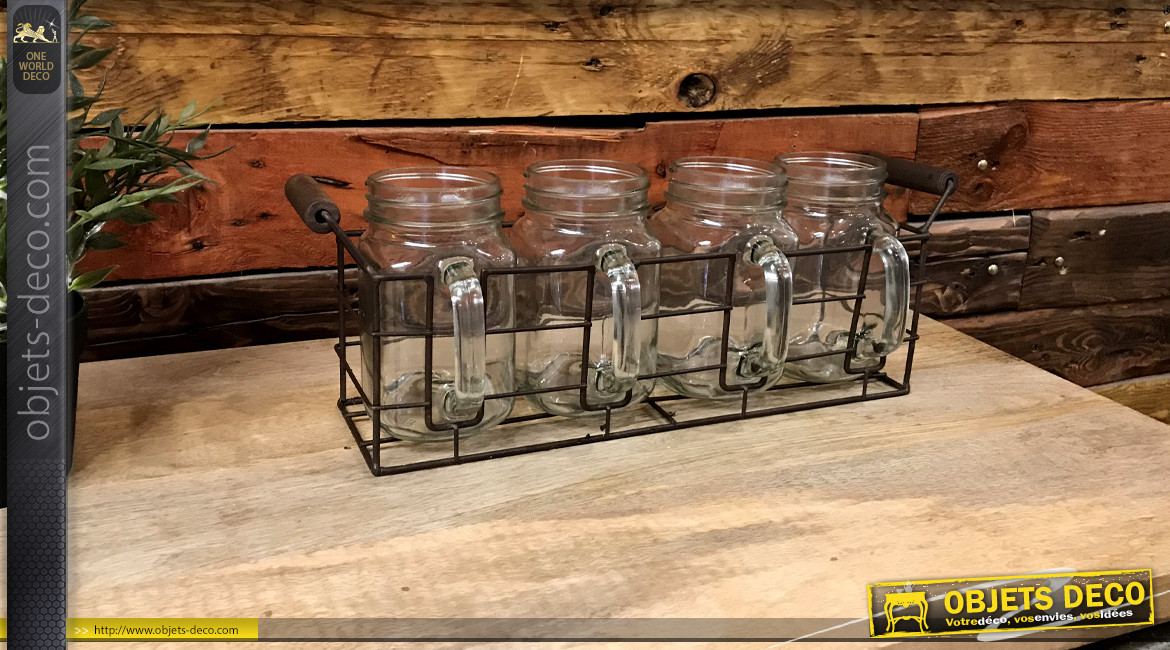 Série de 5 vases bouteilles avec caisse en bois et cordage 44 cm