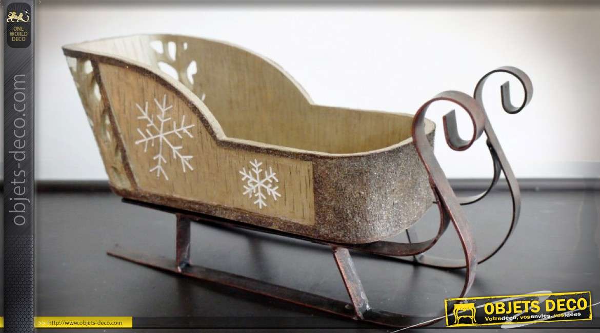 Traineau décoration de Noël en bois et métal 30 cm