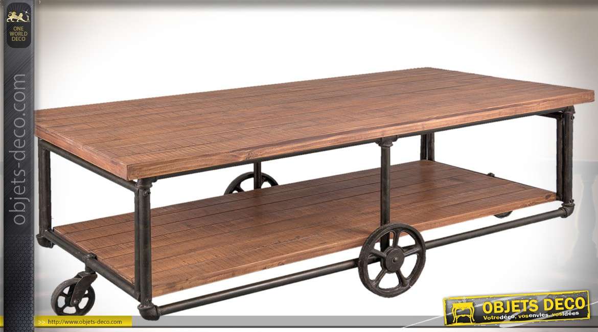 Table basse industrielle bois et métal plateaux superposés 150 x 74 cm