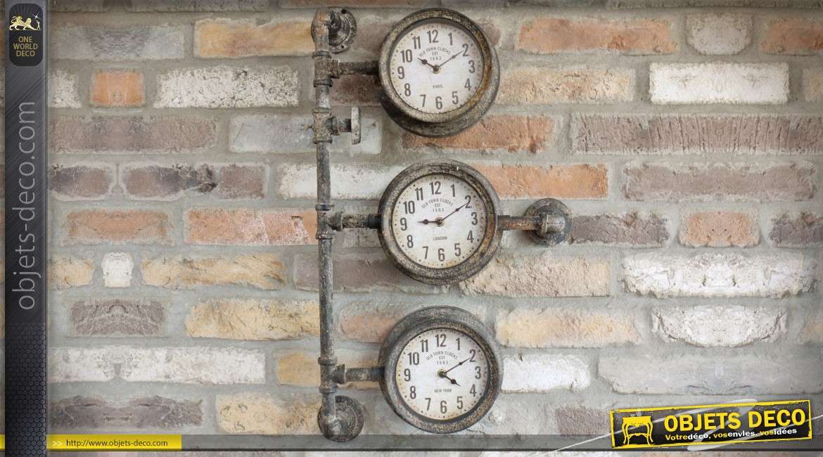 Horloge à 3 cadrans façon compteurs d'ancienne installation de plomberie 68 cm