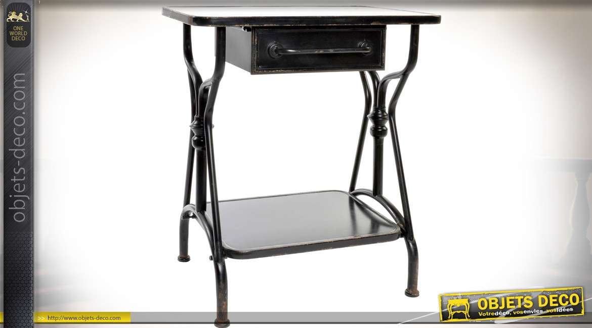 Table de chevet noire rétro bois et métal avec 2 plateaux et 1 tiroir 70 cm