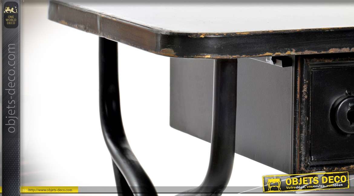 Table de chevet noire rétro bois et métal avec 2 plateaux et 1 tiroir 70 cm