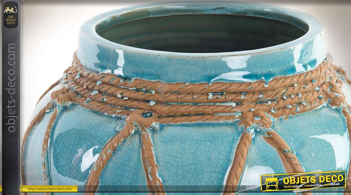 Vase céramique vernissée craquelée turquoise et effet cordages 27 cm