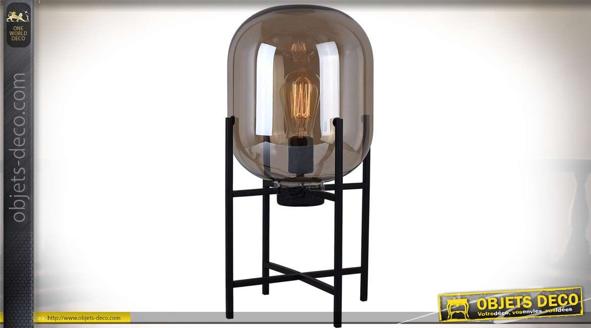 Lampe à poser design en verre fumé sur support en métal noir 50 cm
