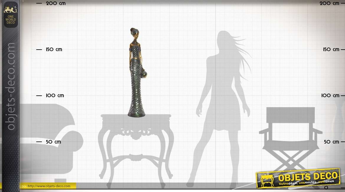 Grande statuette femme africaine effet métal doré et habit de lumière 86 cm