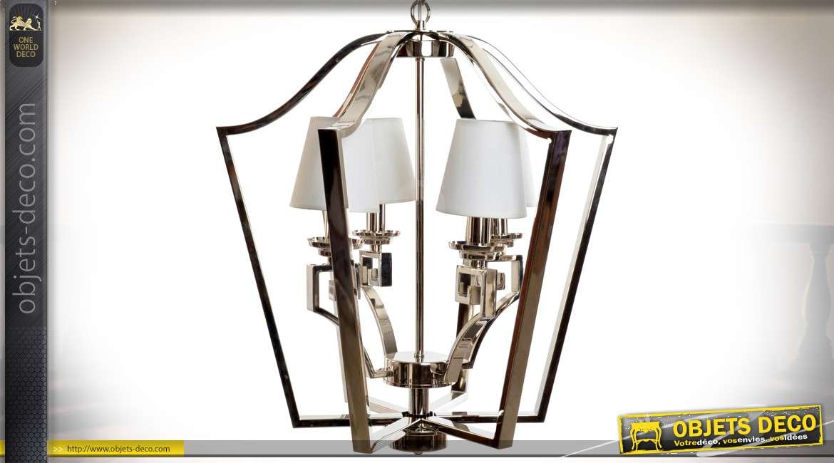 Lustre design cage en forme de lanterne chromée à 4 points de lumière 65 cm