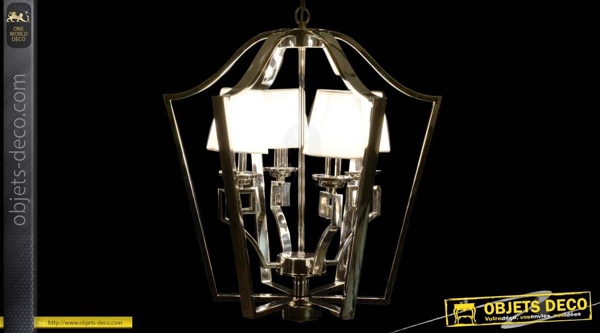 Lustre design cage en forme de lanterne chromée à 4 points de lumière 65 cm