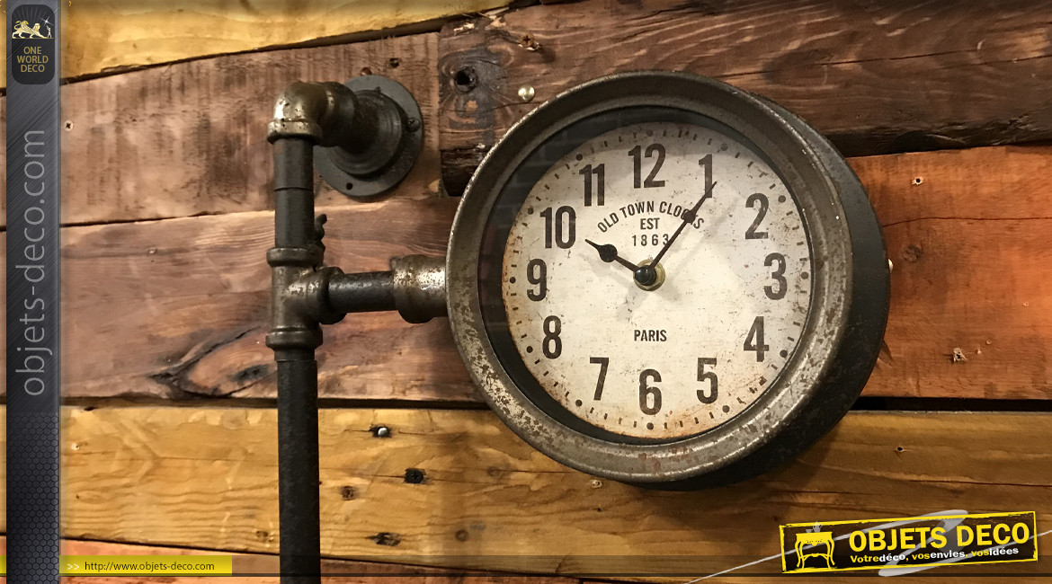 Horloge à 2 cadrans façon compteurs d'ancienne installation de plomberie 69 cm