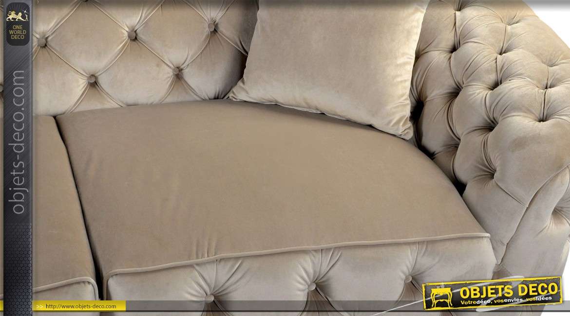 Grand canapé 3 places style lounge chic tissu capitonné beige 2,22 mètres