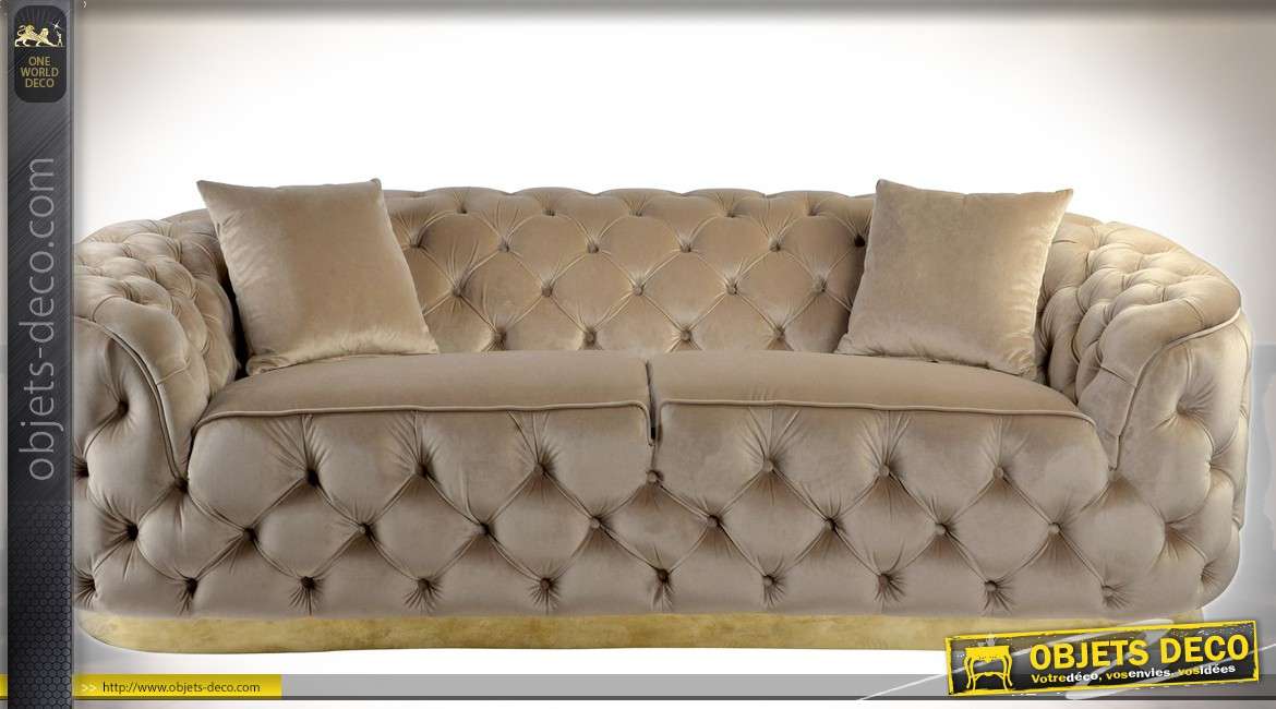 Grand canapé 3 places style lounge chic tissu capitonné beige 2,22 mètres