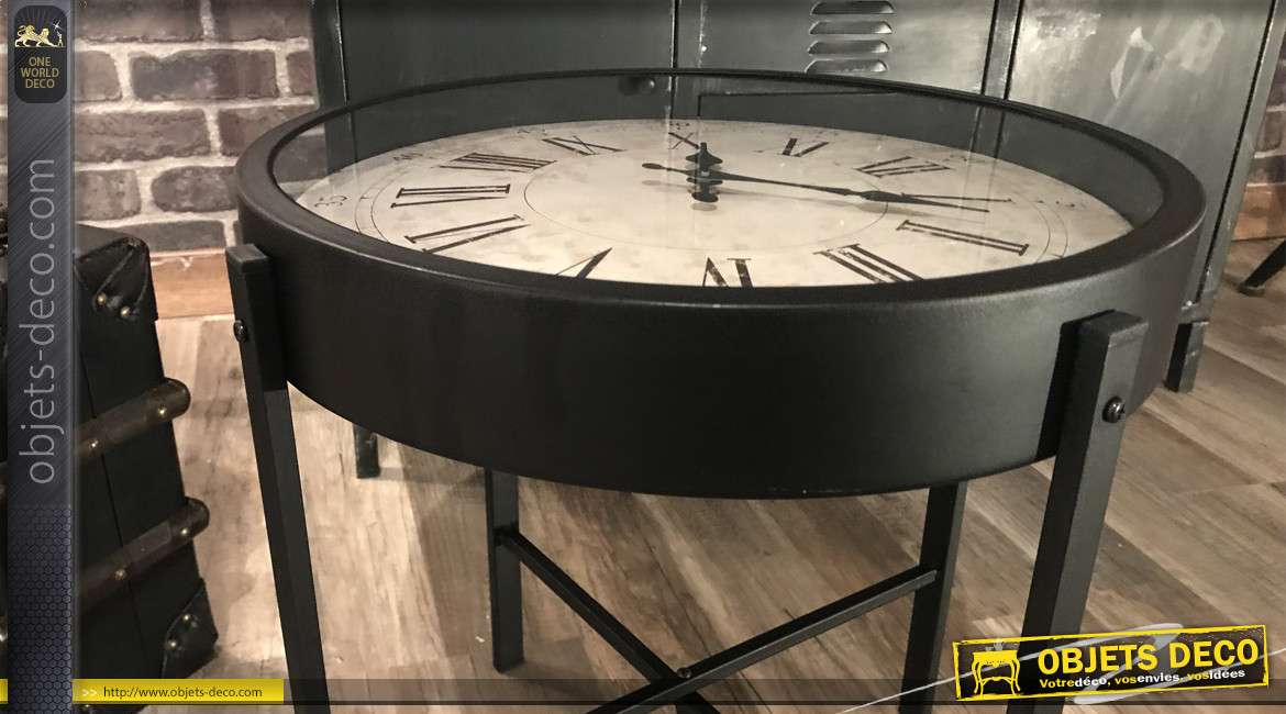 Mini table basse horloge rétro en métal noir mat 40 cm