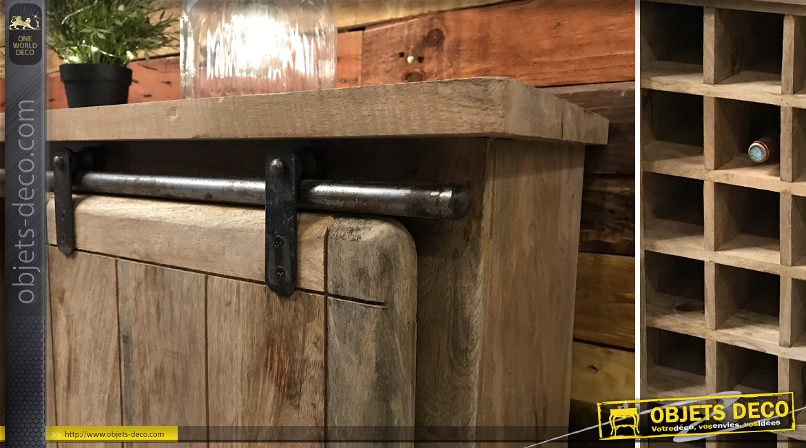 Meuble bar bois massif et métal rustique et indus avec porte coulissante 100 cm