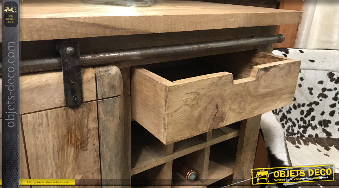 Meuble bar bois massif et métal rustique et indus avec porte coulissante 100 cm