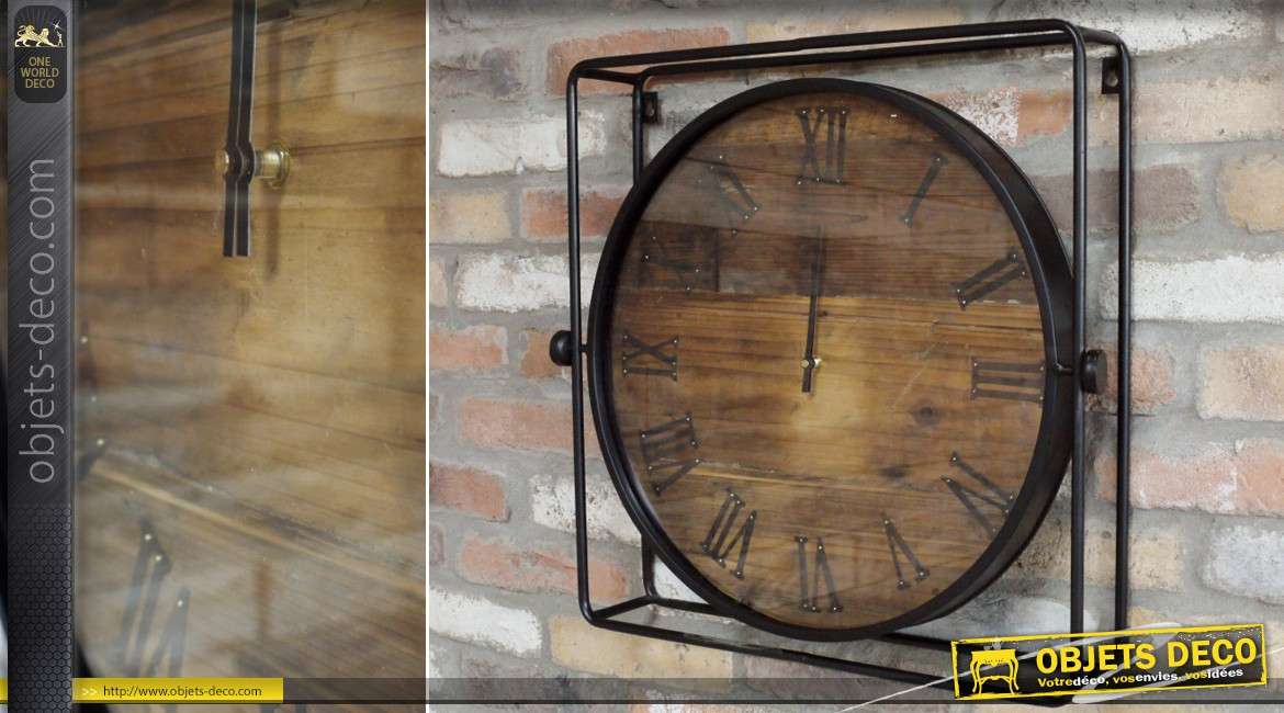 Horloge de style industriel bois vieilli et métal noir 55 cm