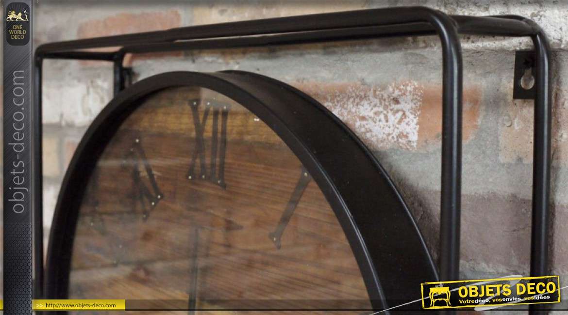 Horloge de style industriel bois vieilli et métal noir 55 cm