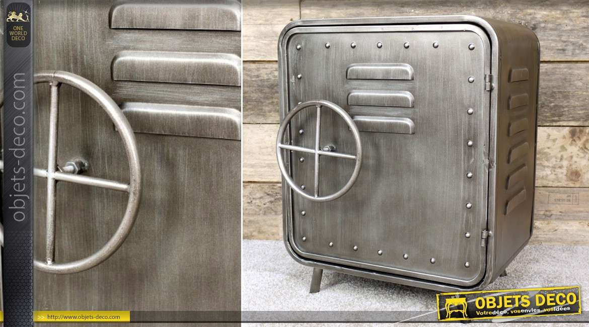 Table de chevet en métal gris argenté en forme de coffre-fort ancien 51 cm