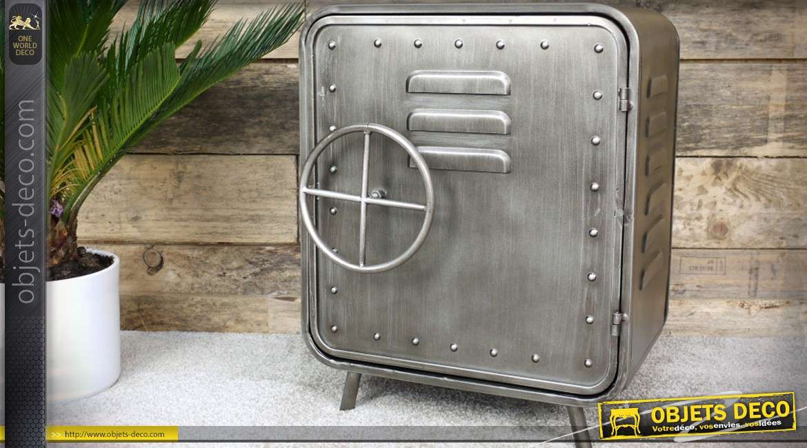Table de chevet en métal gris argenté en forme de coffre-fort ancien 51 cm