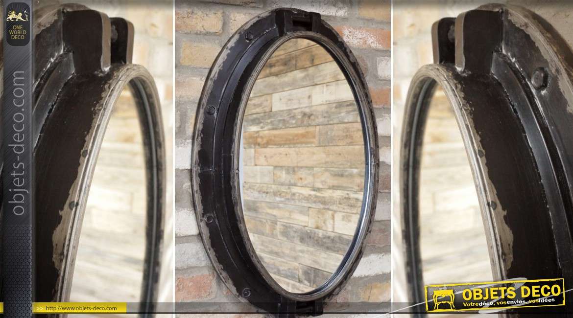 Grand miroir ovale métal style industriel patine noire vieillie 74 cm