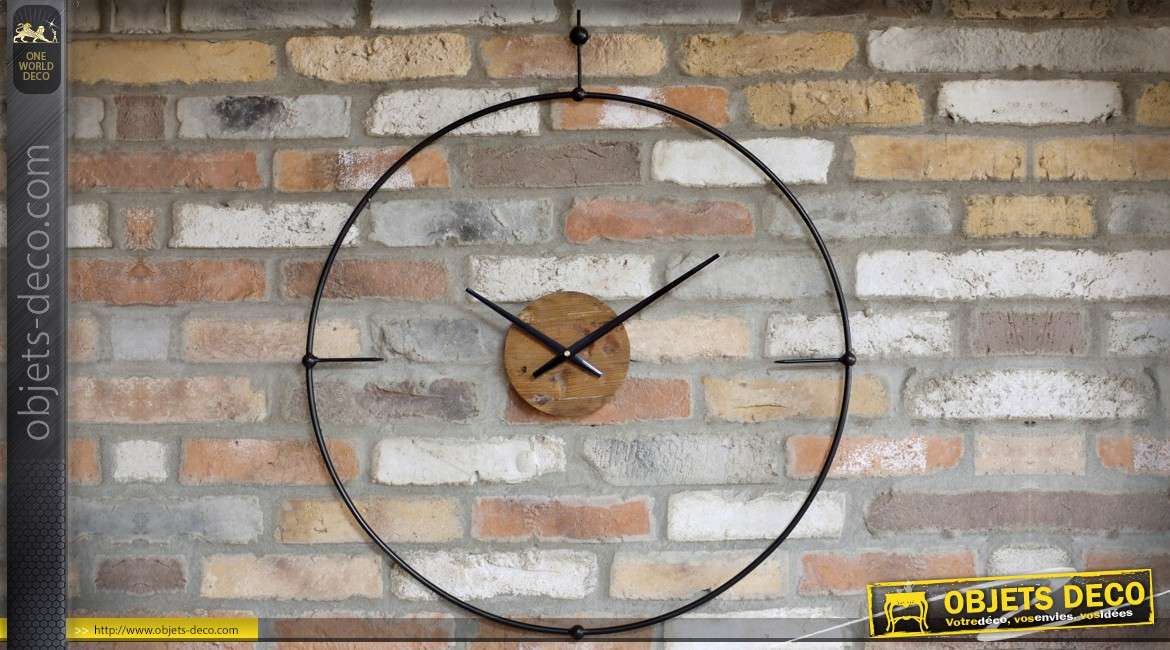 Grande horloge murale en bois et métal design rétro 82 cm