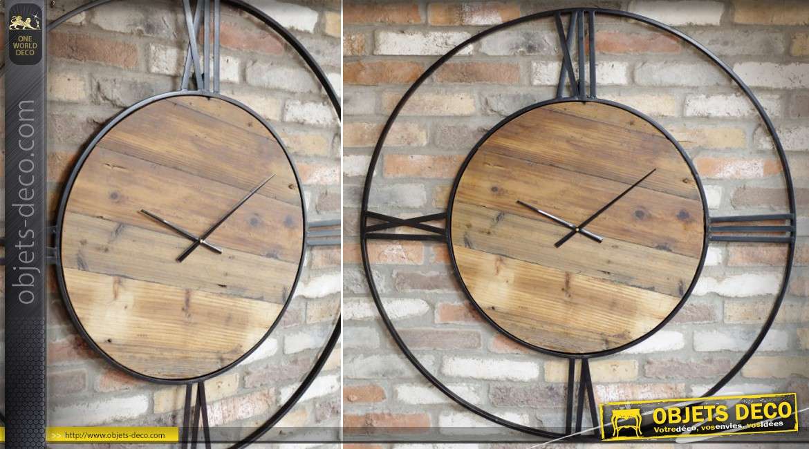Horloge géante en bois et métal de style rétro et rustique Ø 110 cm