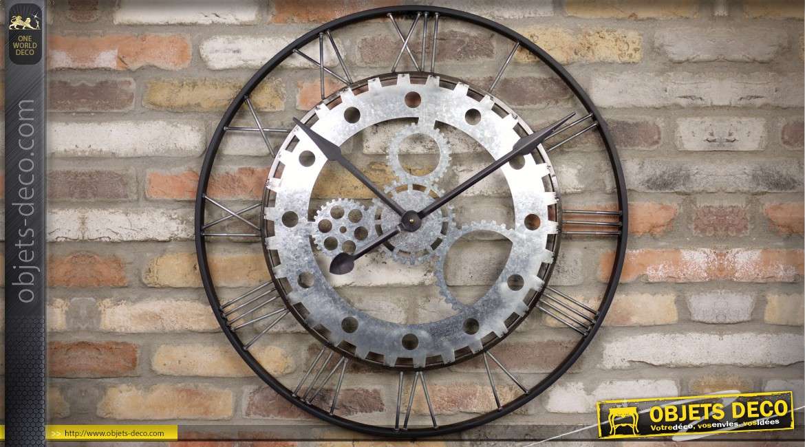 Horloge murale industrielle noir et argent Ø 73 cm