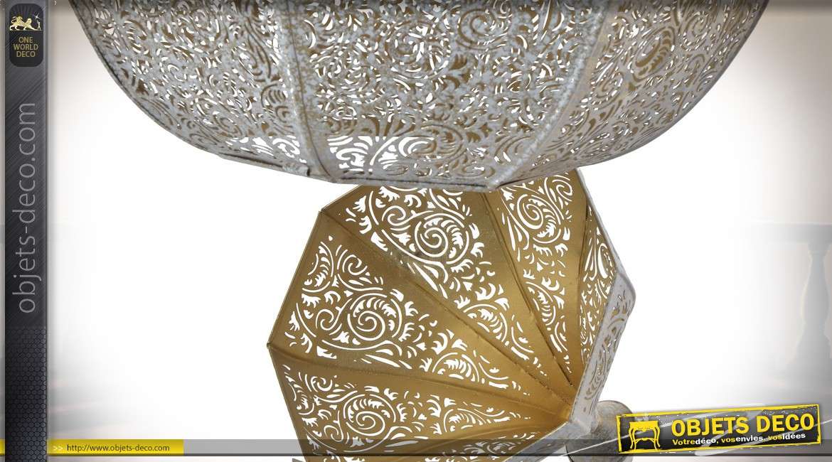 Grand lustre oriental doré blanchi vieilli façon moucharabieh 75 cm