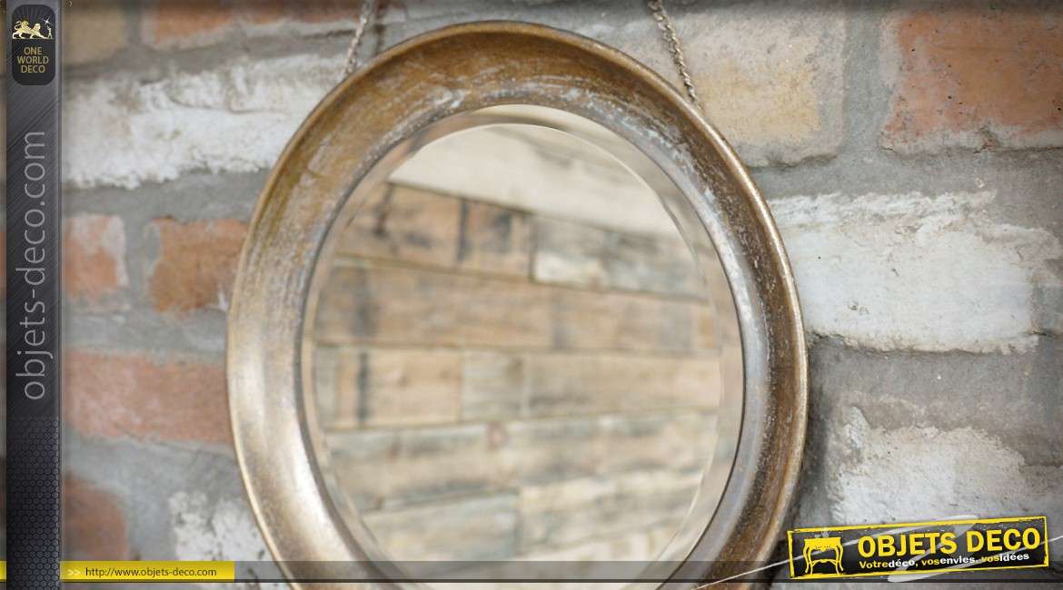 Miroir rond suspendu en métal finition cuivrée vieillie Ø 31 cm