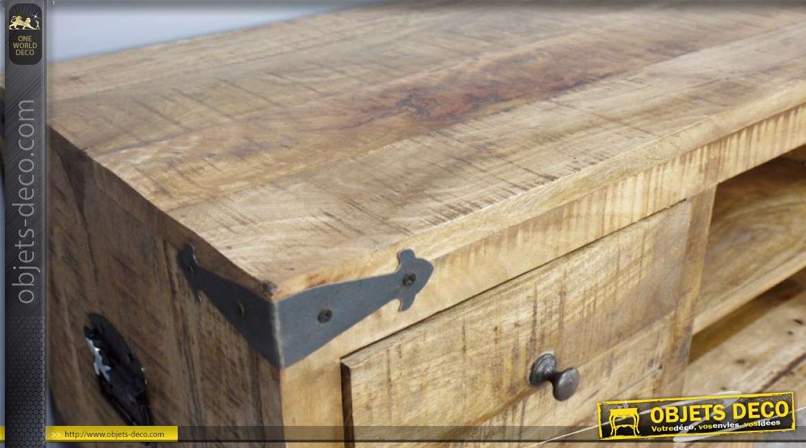 Meuble TV style wagonnet industriel en bois massif et métal 120 cm