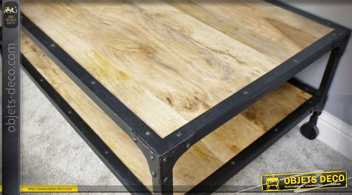 Table basse syle indus à deux plateaux en bois et métal 123 x 72 cm