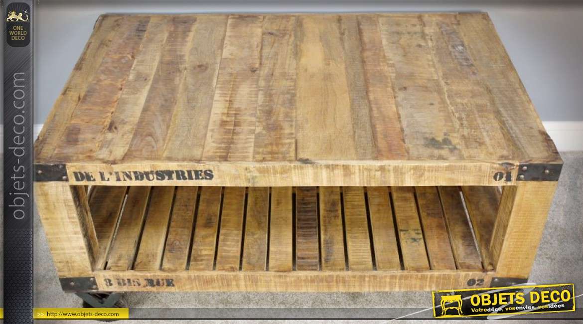 Table basse wagonnet industriel bois massif et métal à 2 plateaux 121 cm