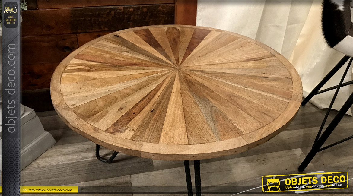 Table basse ronde en bois effet rayonnement naturel et pieds en acier, Ø61cm