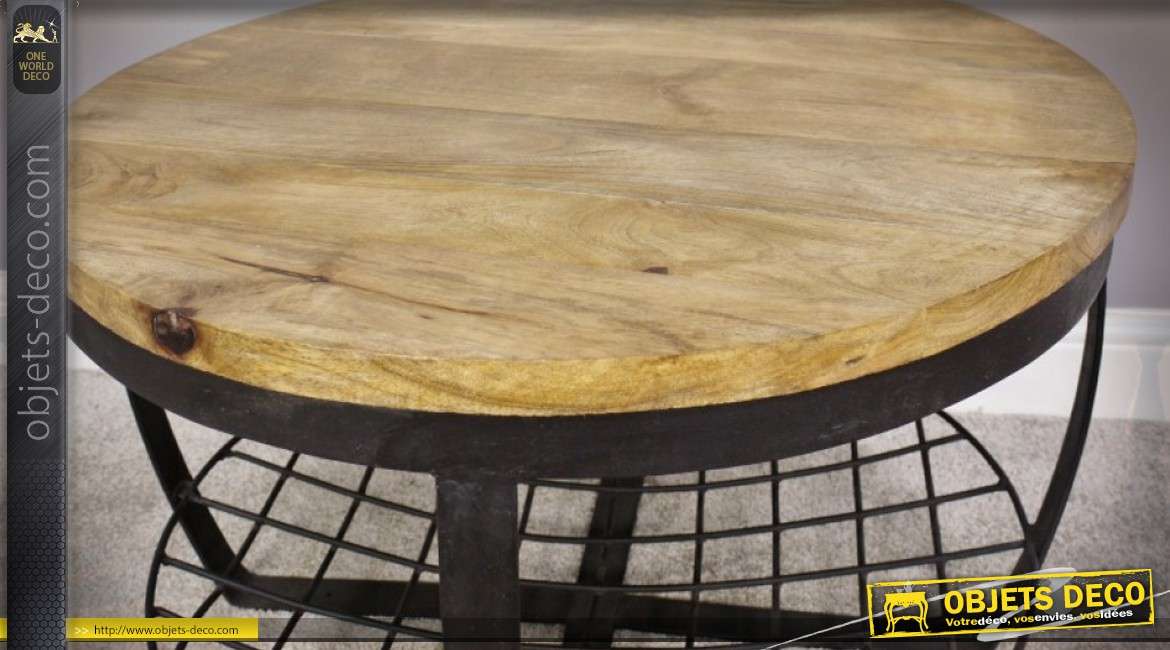 Table basse ronde industrielle et rustique en bois et métal Ø 73 cm