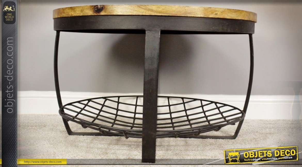 Table basse ronde industrielle et rustique en bois et métal Ø 73 cm