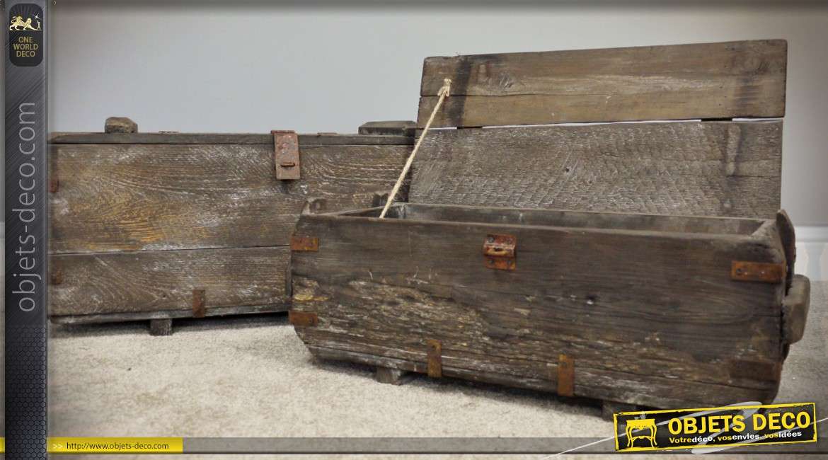 Duo de coffres anciens en bois et métal style brocante 73 cm et 60 cm