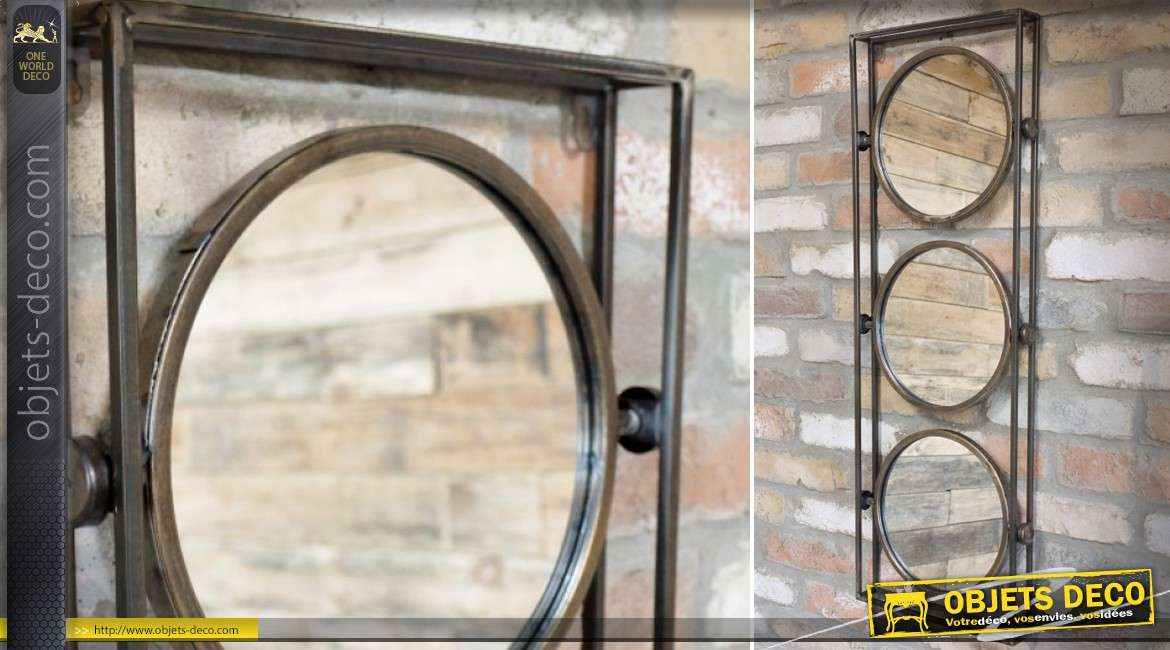 Miroir industriel en métal à trois glaces circulaires finition bronze antique 90 cm