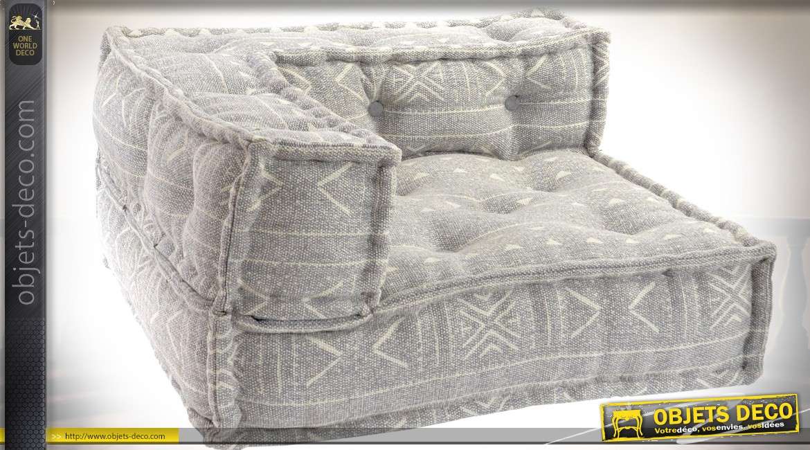 Canapé d'angle ras de sol en tissu coloris gris clair style boho 80 cm