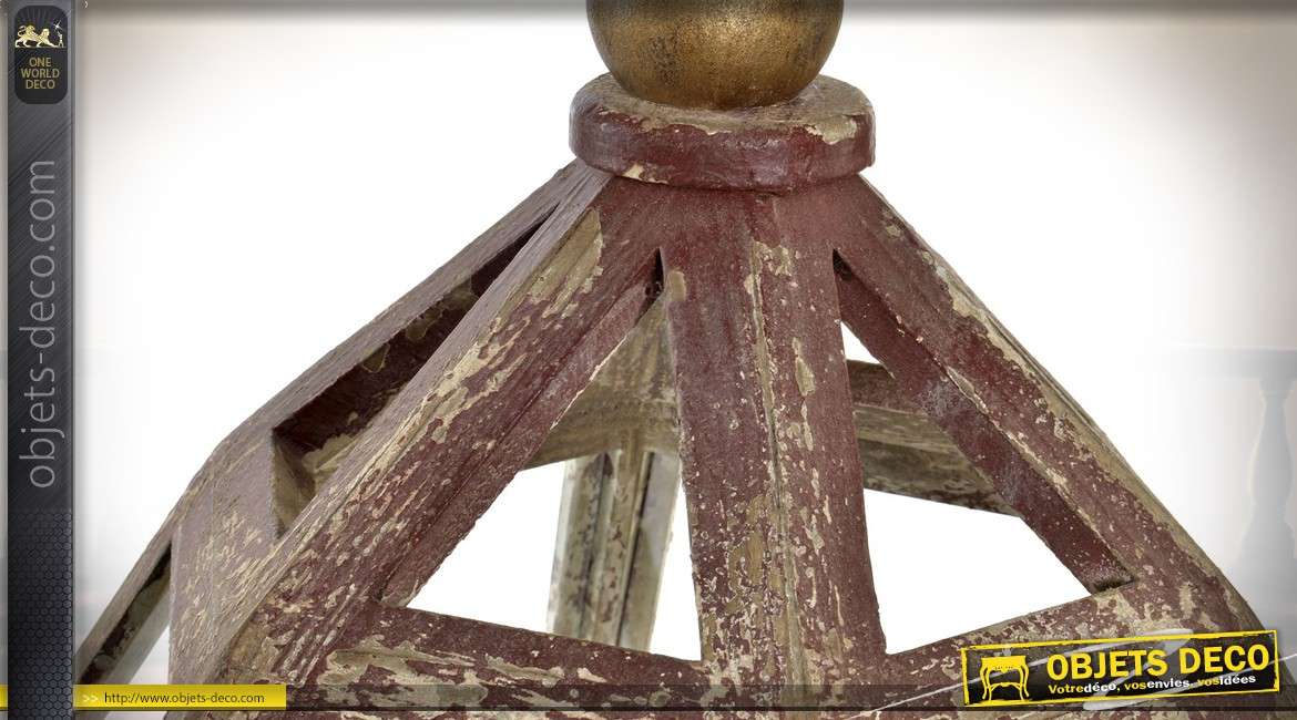 Suspension hexagonale rétro en bois et métal à six feux aspect brocante Ø 54 cm